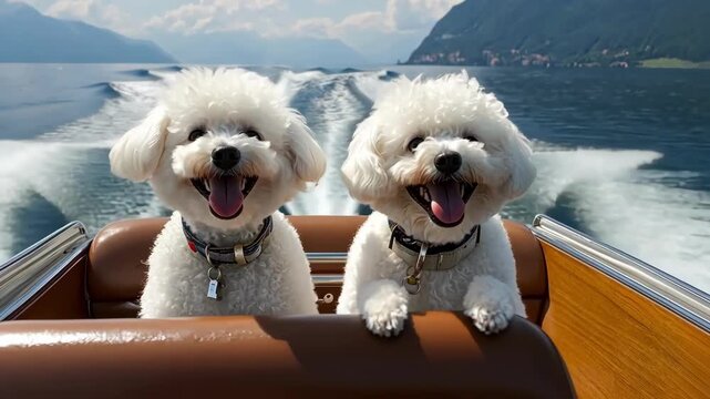 Two happy bichon frise dogs enjoying a boat ride on a sunny day.