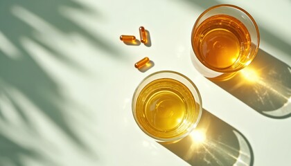 Two amber glasses filled with golden liquid contain vitamin supplements. Sunlight creates dramatic shadows on white surface. Still life image represents wellness hydration, healthy nourishment.