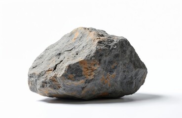 Obraz premium Rough textured grey andesite stone chunk with brown mineral deposits sits alone on clean white surface. Solid geological formation offers natural accent for garden landscaping projects educational