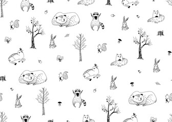 Seamless graphic pattern with drawn wild forest animals and trees drawn in doodle line art style.