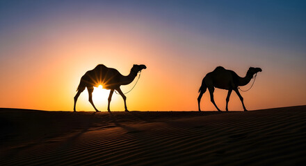 Camels Walking in Desert Silhouette at Sunset | Exotic Arabian Wildlife, Travel Destination and Middle East Tourism Advertising Image
