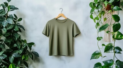 A plain green tshirt hangs on a wooden hanger against a textured gray wall, surrounded by lush green plants and vines