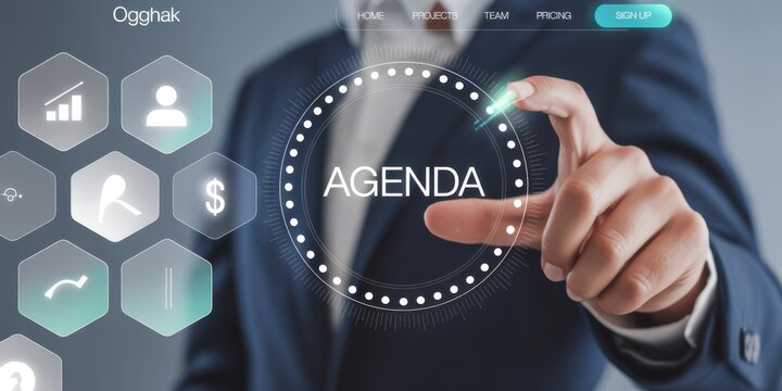 Agenda Focus: A business professional's fingertip hovers over the 'Agenda' icon, symbolizing strategic planning and organizational foresight within a modern, interconnected digital workspace.