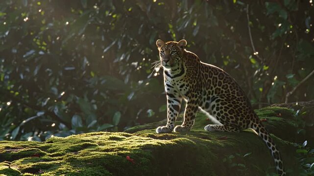 Leopard Standing Alert on a Moss-Covered Forest Log Under Dappled Sunlight