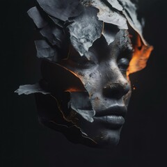 Pieces of dark gray material resembling cracked earth are falling away from a woman's face, revealing an orange glow emanating from within, creating a surreal and evocative portrait