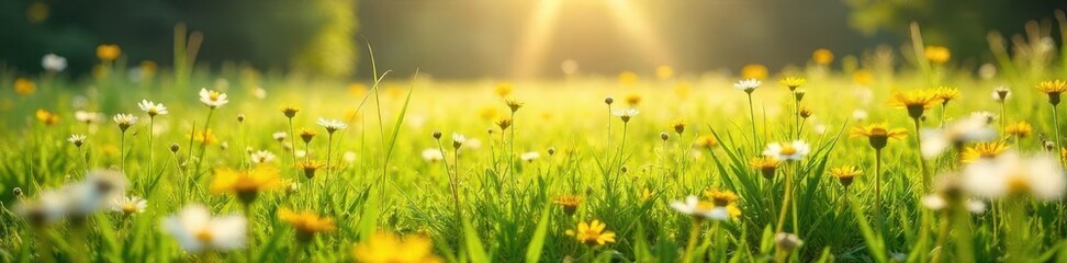 Fototapeta premium Sun-drenched meadow, wildflowers, rough grass texture, light, horizon