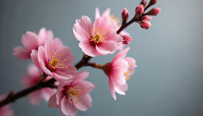 Delicate pink cherry blossoms bloom on a dark branch. Delicate floral buds appear, unfurling soft petals. Spring branches feature delicate pink blossoms.