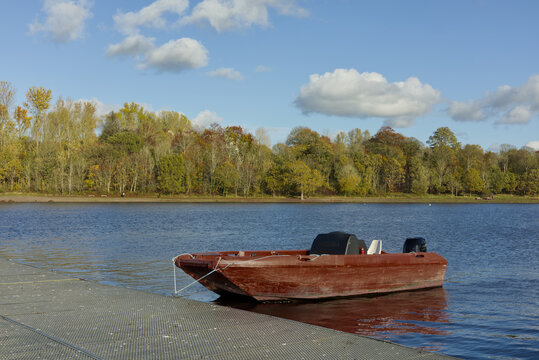 Coaching launch boat on the lake (rowing team)