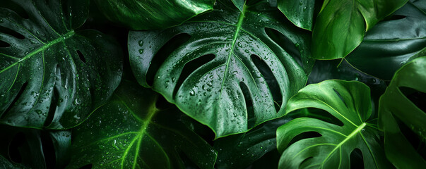 Close-Up of Glossy Tropical Leaves with Water Droplets