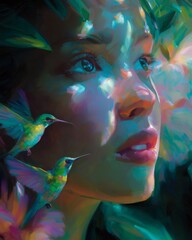 Two hummingbirds are flying near the face of a woman surrounded by large tropical leaves, illuminated by colorful lights creating a magical atmosphere