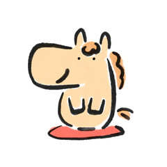 座布団に座って新年の挨拶をするかわいい馬　正月素材・墨絵