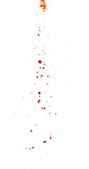Photograph capturing a dramatic blood splash on a clean white background. The red liquid forms organic droplets and abstract shapes. Adeal for horror, medical, or artistic use.