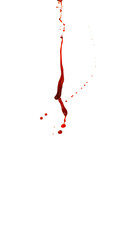 Photograph capturing a dramatic blood splash on a clean white background. The red liquid forms organic droplets and abstract shapes. Adeal for horror, medical, or artistic use.