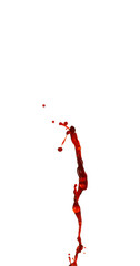 Photograph capturing a dramatic blood splash on a clean white background. The red liquid forms organic droplets and abstract shapes. Adeal for horror, medical, or artistic use.