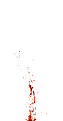 Photograph capturing a dramatic blood splash on a clean white background. The red liquid forms organic droplets and abstract shapes. Adeal for horror, medical, or artistic use.