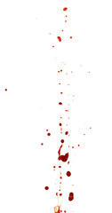 Photograph capturing a dramatic blood splash on a clean white background. The red liquid forms organic droplets and abstract shapes. Adeal for horror, medical, or artistic use.