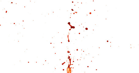 Photograph capturing a dramatic blood splash on a clean white background. The red liquid forms...