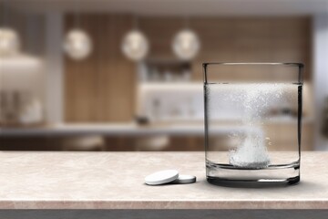Glass with water and white medical pill