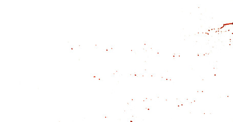 Photograph capturing a dramatic blood splash on a clean white background. The red liquid forms organic droplets and abstract shapes. Adeal for horror, medical, or artistic use.