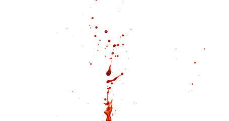 Photograph capturing a dramatic blood splash on a clean white background. The red liquid forms organic droplets and abstract shapes. Adeal for horror, medical, or artistic use.
