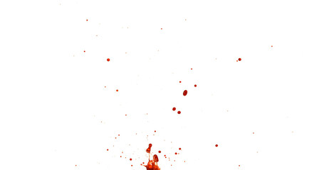 Photograph capturing a dramatic blood splash on a clean white background. The red liquid forms organic droplets and abstract shapes. Adeal for horror, medical, or artistic use.