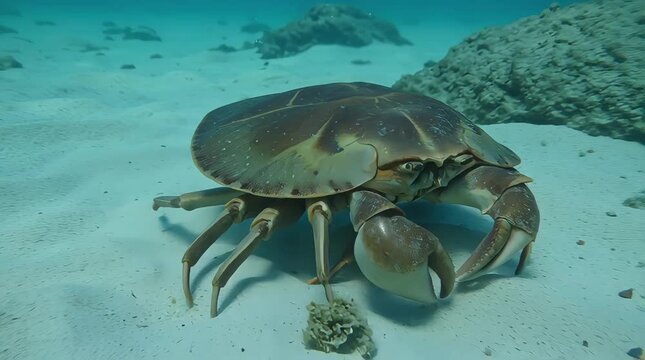 A large, brown horseshoe crab with massive claws on a sandy ocean floor, clear blue water, and distant coral reefs