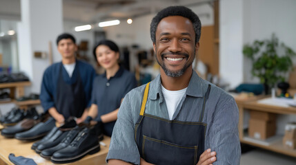 A diverse team of shoemakers repairing footwear in a bright, modern workshop, highlighting teamwork, professionalism, sustainability, innovation, and the revival of traditional repair services in a