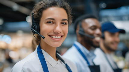 A diverse team of supermarket security staff coordinating through radios during a busy shopping day, highlighting teamwork, communication, professionalism, and the importance of safety and order in