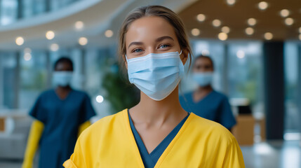A multicultural cleaning staff disinfecting high-touch surfaces in an educational or healthcare facility, representing teamwork, inclusivity, hygiene standards, and the vital role of sanitation in