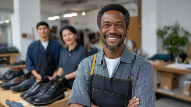 A diverse team of shoemakers repairing footwear in a bright, modern workshop, highlighting teamwork, professionalism, sustainability, innovation, and the revival of traditional repair services in a - Powered by Adobe