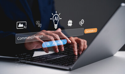 A person using a laptop with a virtual interface featuring AI icons and a command prompt,...