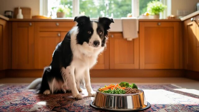 Border Collie dog eating from a bowl in a cozy kitchen on a rug