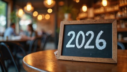 Restaurant interior displays chalkboard with 2026 written in white chalk. Blurred diners create cozy background suggesting social dining experience. Warm lighting enhances inviting atmosphere of
