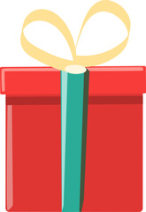 Red gift box with teal ribbon and yellow bow isolated