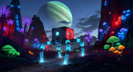 Alien World Landscape with Robotic Walker and Glowing Flora | Science Fiction Environment with Strange Planets and Extraterrestrial Life for Gaming, Book Covers and Futuristic Scenery