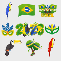 Brazilian symbols featuring parrots, toucans, maracas, masks, and flags perfect for travel brochures, cultural blogs, and educational materials.