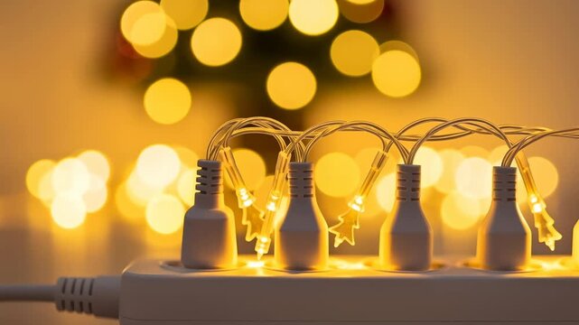 Christmas light string plugged into power strip connected to festive tree, fire hazard concept. Holiday illumination footage.