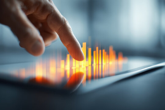 Person interacting with dynamic orange digital bar graph on touchscreen device representing data analysis and futuristic technology concepts in modern setting