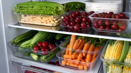 Watch as fresh fruits and vegetables are neatly arranged in a refrigerator for easy access and better organization