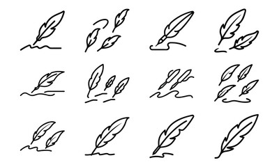 Education and science outline icon set with brain, DNA, laboratory flask, laptop, stopwatch, school bus, quill pen, and bell symbol isolated on white background