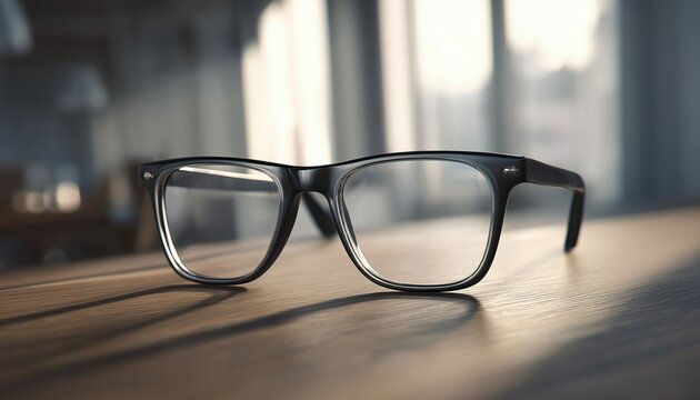 Detailed Image Of Eyeglasses Resting On A Table With A Close-Up View Of The Lenses And Frames, Showing A Unique Perspective.
