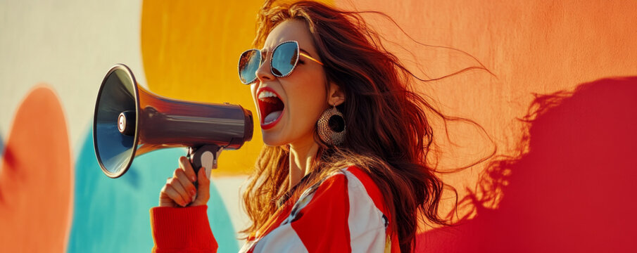 Young woman with megaphone against colorful wall