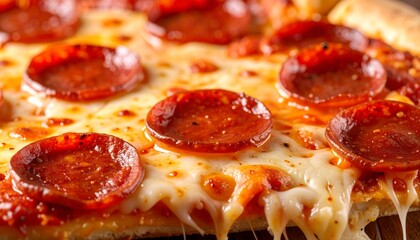 Macro Image of Greasy Pepperoni Pizza Slice with Cheesy Melt and Crispy Crust, Perfect for Fast Food Promotions