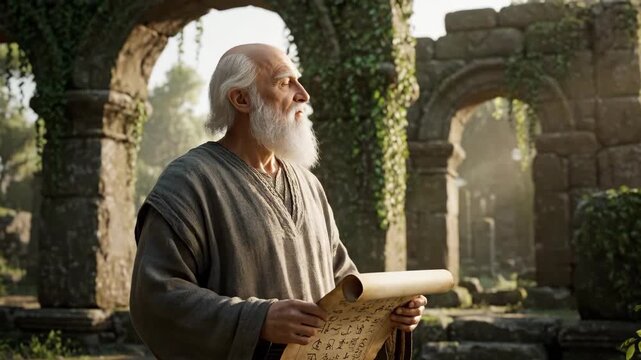 Elderly Scholar Examining Ancient Manuscript in Overgrown Ruins