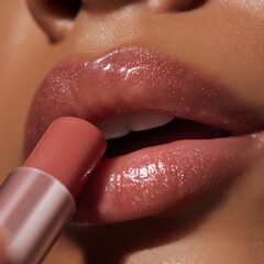 Closeup of a woman applying glossy pink lipstick, enhancing natural beauty while creating a glamorous and attractive look. Smooth, shiny lips radiate elegance and style