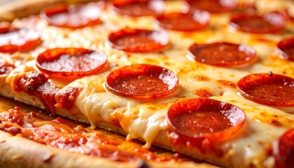 Delicious Pepperoni Pizza Close-Up with Melted Cheese and Crispy Edges, Ideal for Culinary Marketing and Social Media