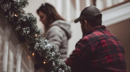 A couple on a staircase decorated with frosted Christmas garland and lights during the holidays