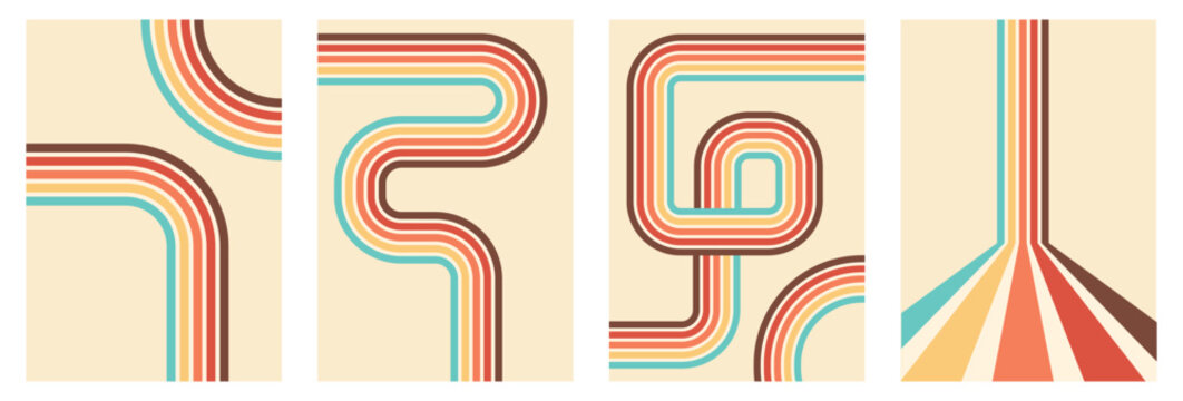 Stripe rainbow groovy background set. Retro line psychedelic posters. Vintage line rainbow poster in retro groovy colors.	
