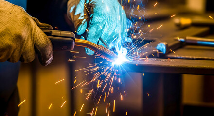 Welder's gloved hands creating sparks with a welding torch