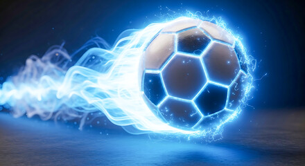 Naklejka premium Soccer ball with blue energy trail and lightning football